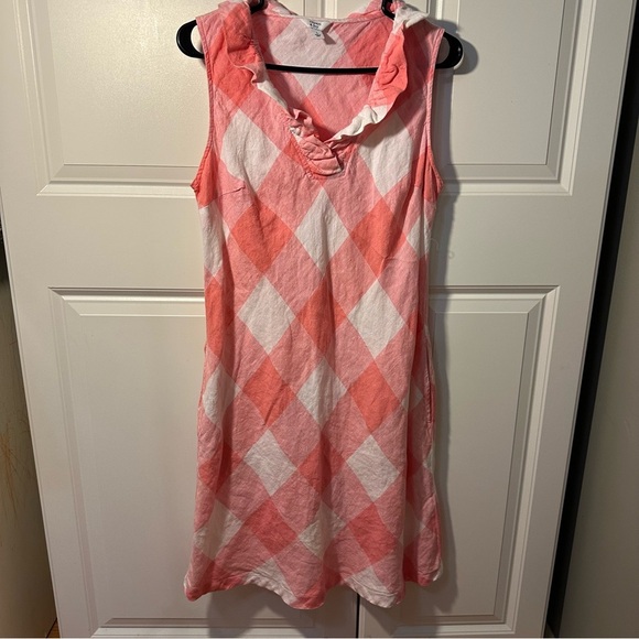 Crown & Ivy Women's Sleeveless Shift Dress 100% Linen Pink ruffle plaid - Picture 1 of 5